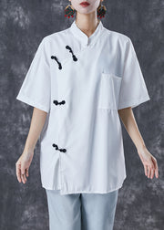 Chinese Style White Oversized Cotton Shirt Top Short Sleeve