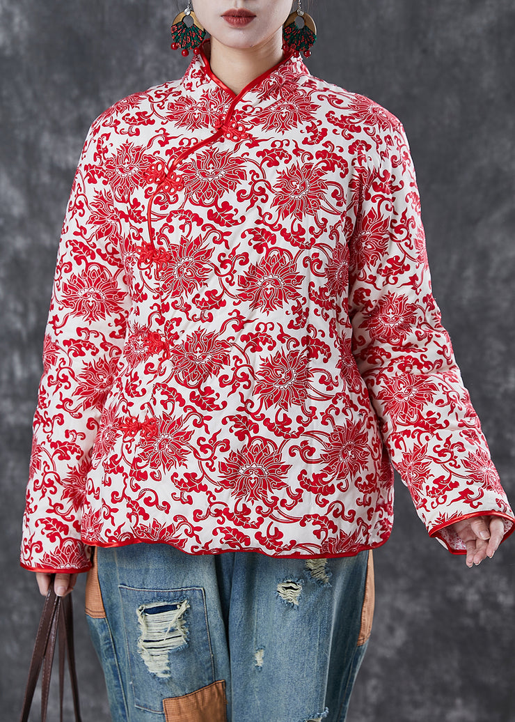Chinese Style White Print Chinese Button Fine Cotton Filled Jacket Winter
