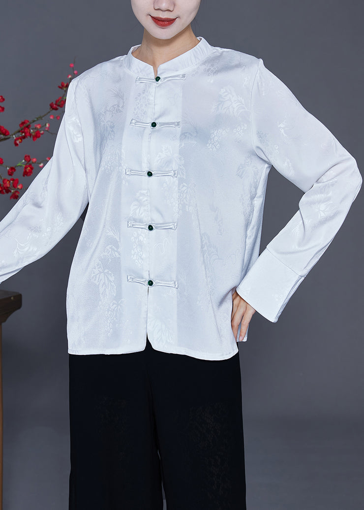 Chinese Style White Stand Collar Chinese Button Silk Blouse Top Spring
