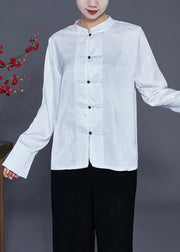 Chinese Style White Stand Collar Chinese Button Silk Blouse Top Spring