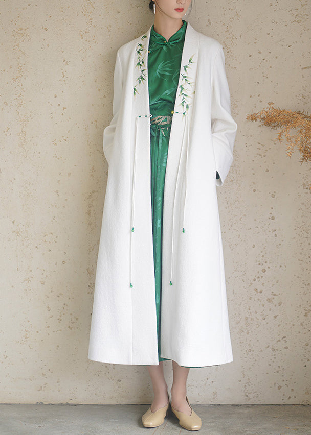 Chinese Style White Tasseled Embroidered Pockets Woolen Coats Winter
