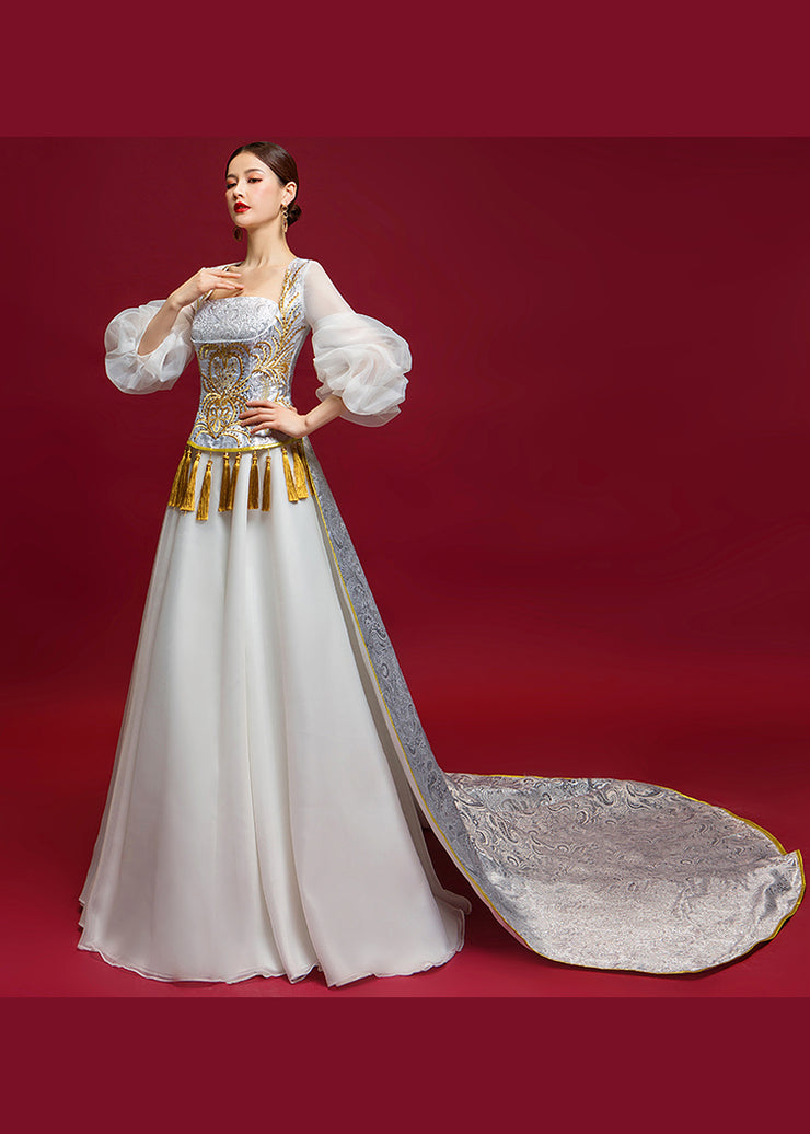 Chinese Style White Tasseled Embroidery Dress Puff Sleeve