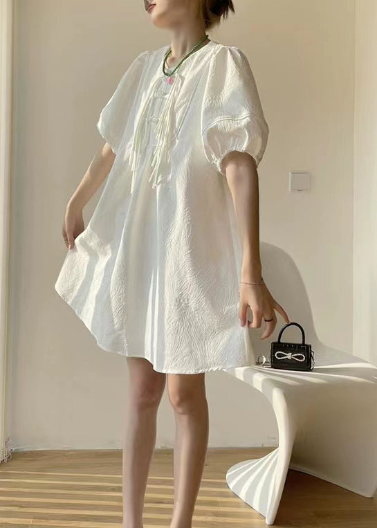 Chinese Style White Tasseled Patchwork Cotton Mid Dress Puff Sleeve