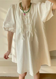 Chinese Style White Tasseled Patchwork Cotton Mid Dress Puff Sleeve