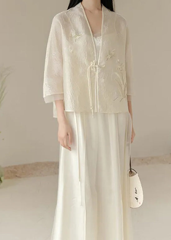 Chinese Style White V Neck Embroidered Tasseled Silk Two Piece Set Outfits Fall