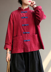 Chinese Style Wine Red Pockets Button Corduroy Coats Long Sleeve