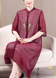 Chinese Style Wine Red Stand Collar Embroidered Patchwork Dress Summer