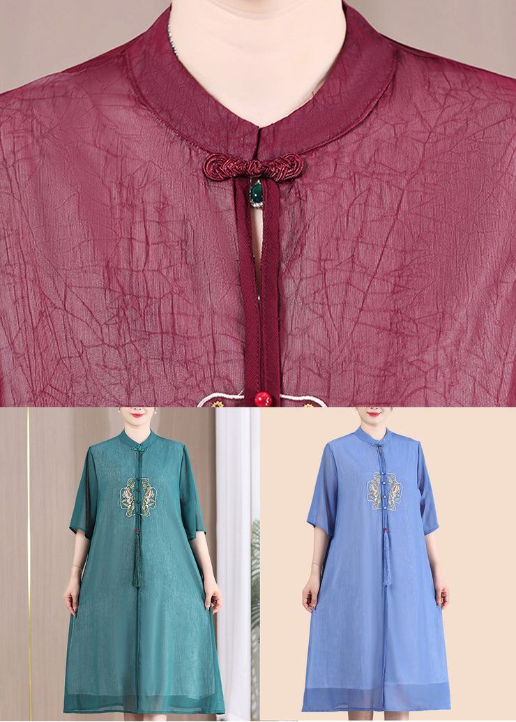Chinese Style Wine Red Stand Collar Embroidered Patchwork Dress Summer