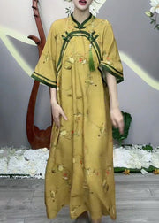 Chinese Style Yellow Button Print Cotton Long Dress Half Sleeve