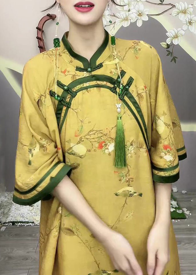 Chinese Style Yellow Button Print Cotton Long Dress Half Sleeve