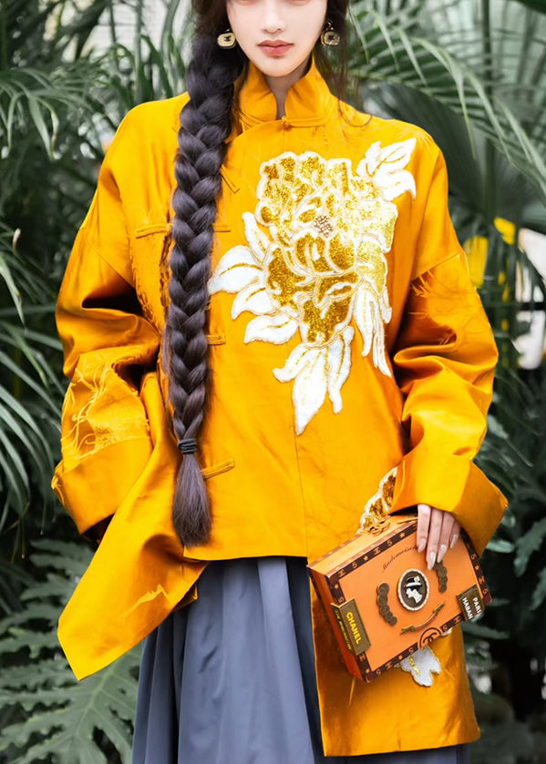 Chinese Style Yellow Button Print Silk Coats Long Sleeve