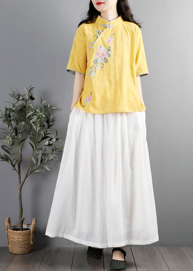 Chinese Style Yellow Embroidered Cotton Shirt Tops Summer