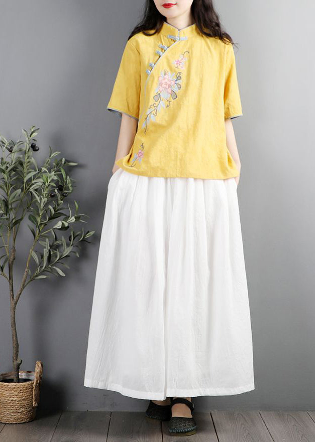 Chinese Style Yellow Embroidered Cotton Shirt Tops Summer