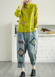 Chinese Style Yellow Embroidered Patchwork Linen Shirt Tops Spring