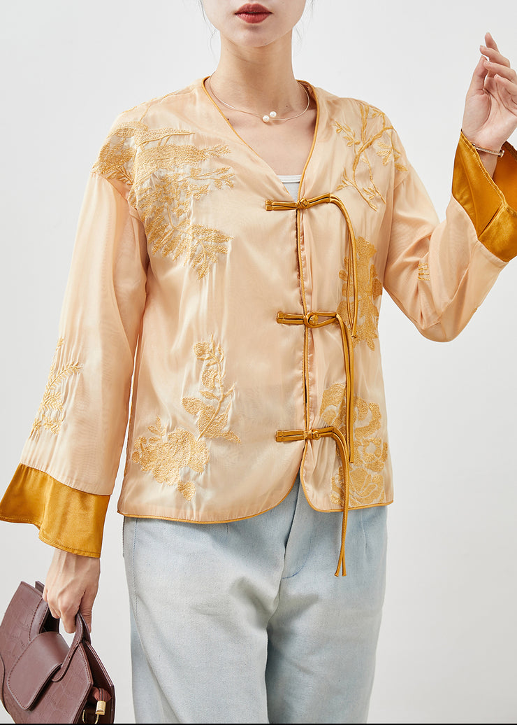 Chinese Style Yellow Embroidered Silk Top Fall