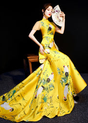 Chinese Style Yellow Embroidered Wrinkled Patchwork Silk Vacation Dresses Summer