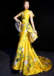 Chinese Style Yellow Embroidered Wrinkled Patchwork Silk Vacation Dresses Summer