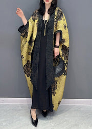 Chinese Style Yellow Floral Patchwork Cotton Cardigan Batwing Sleeve