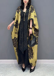 Chinese Style Yellow Floral Patchwork Cotton Cardigan Batwing Sleeve