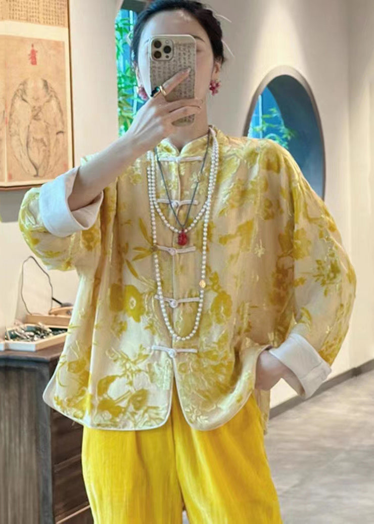 Chinese Style Yellow Jacquard Chinese Button Silk Shirt Top Fall
