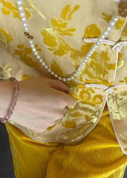 Chinese Style Yellow Jacquard Chinese Button Silk Shirt Top Fall