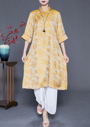 Chinese Style Yellow Jacquard Side Open Silk Dresses Summer