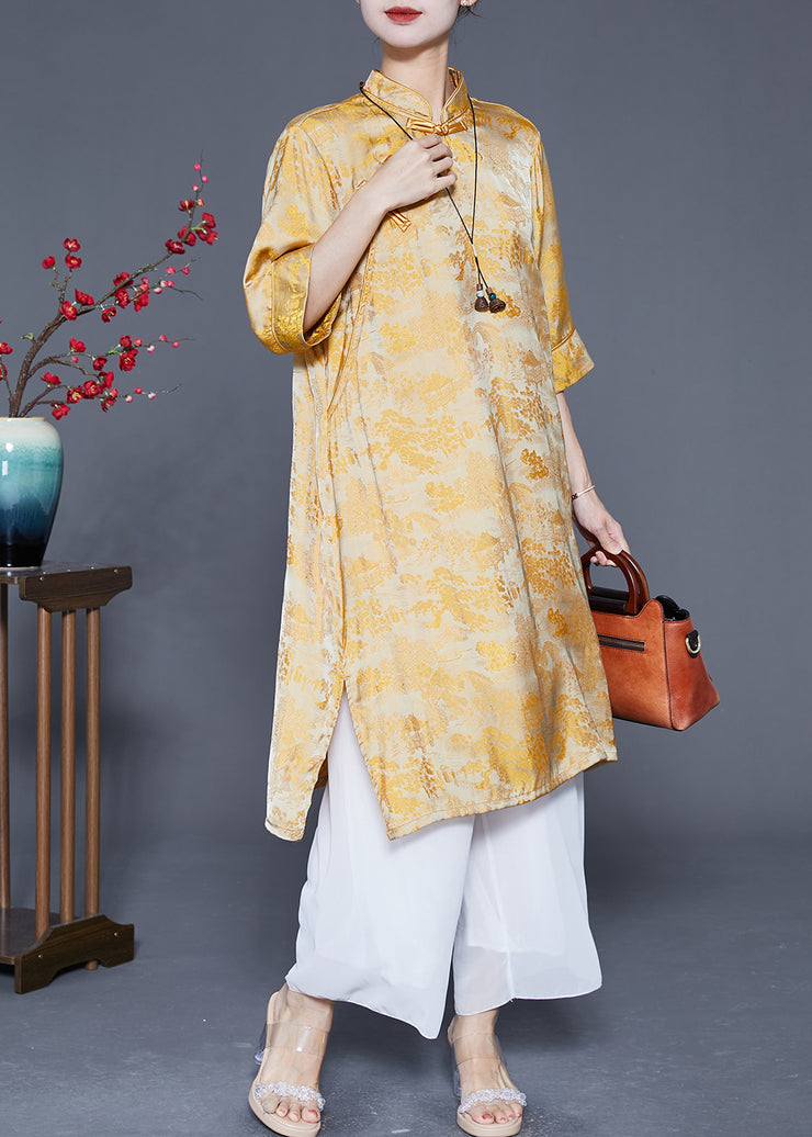 Chinese Style Yellow Jacquard Side Open Silk Dresses Summer