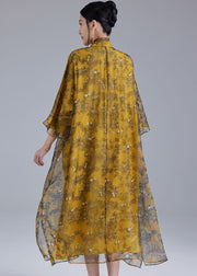 Luxuriöses gelbes orientalisches Tüll-Seidenkleid mit Cheongsam-Kleidern