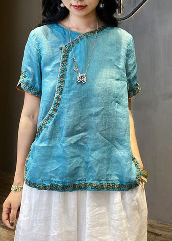 Chinese Style Yellow O-Neck Embroidered Linen Tops Short Sleeve