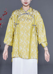Chinese Style Yellow Print Chinese Button Silk Shirt Tops Summer