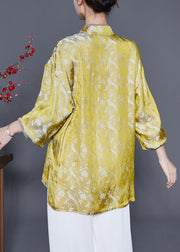 Chinese Style Yellow Print Chinese Button Silk Shirt Tops Summer