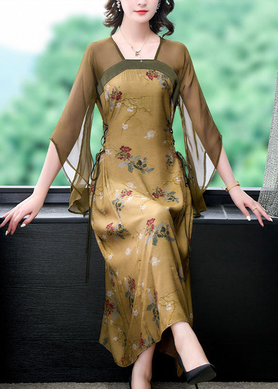 Chinese Style Yellow Print Lace Up Patchwork Silk Long Dress Summer