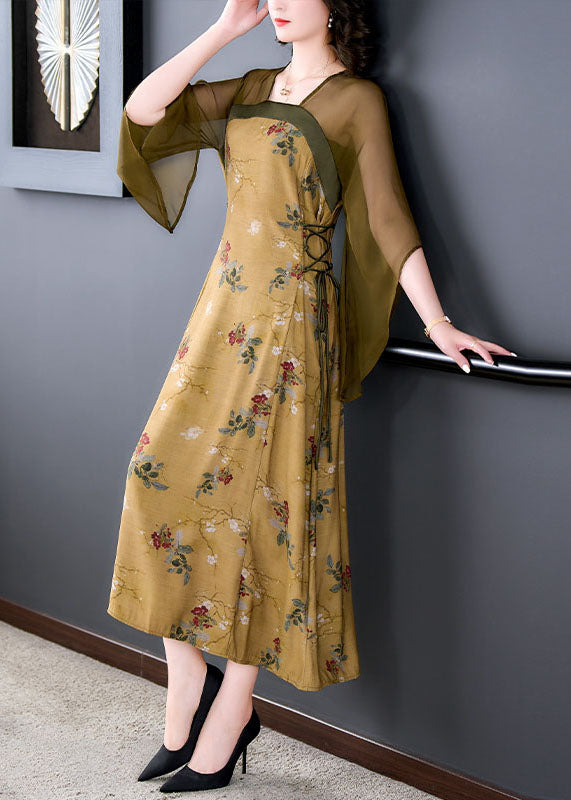 Chinese Style Yellow Print Lace Up Patchwork Silk Long Dress Summer