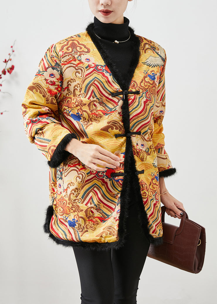 Chinese Style Yellow Print Patchwork Mink Hair Fine Cotton Filled Coats Winter