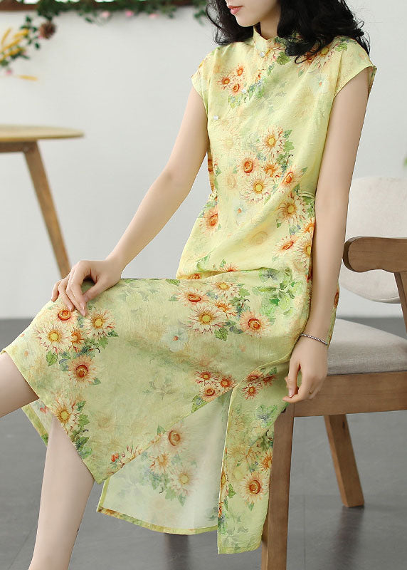 Chinese Style Yellow Print Side Open Patchwork Linen Dress Summer