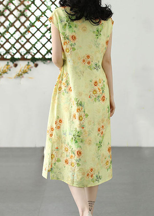 Chinese Style Yellow Print Side Open Patchwork Linen Dress Summer