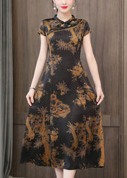Chinese Style Yellow Print Stand Collar Zippered Silk Cheongsam Dress Summer