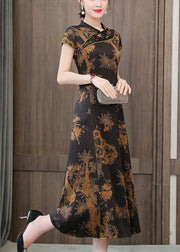 Cheongsam Kleid aus Seide im chinesischen Stil mit gelbem Druck und Stehkragen und Reißverschluss