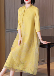 Chinese Style Yellow Ruffled Button Print Long Dress Half Sleeve