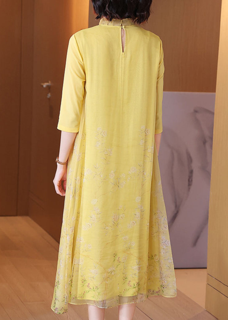Chinese Style Yellow Ruffled Button Print Long Dress Half Sleeve