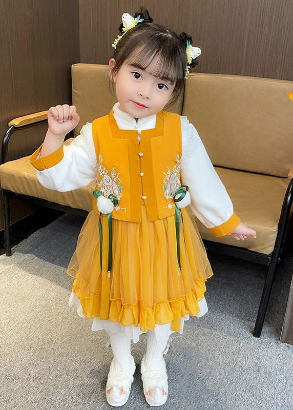 Chinese Style Yellow Ruffled Tulle Baby Girls Two Pieces Set Fall