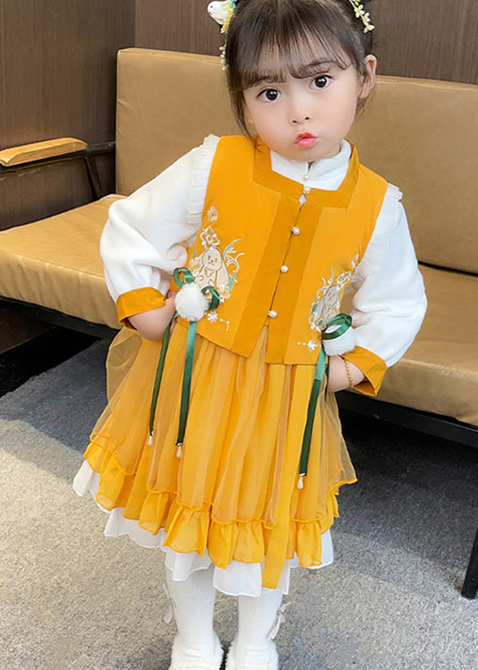 Chinese Style Yellow Ruffled Tulle Baby Girls Two Pieces Set Fall