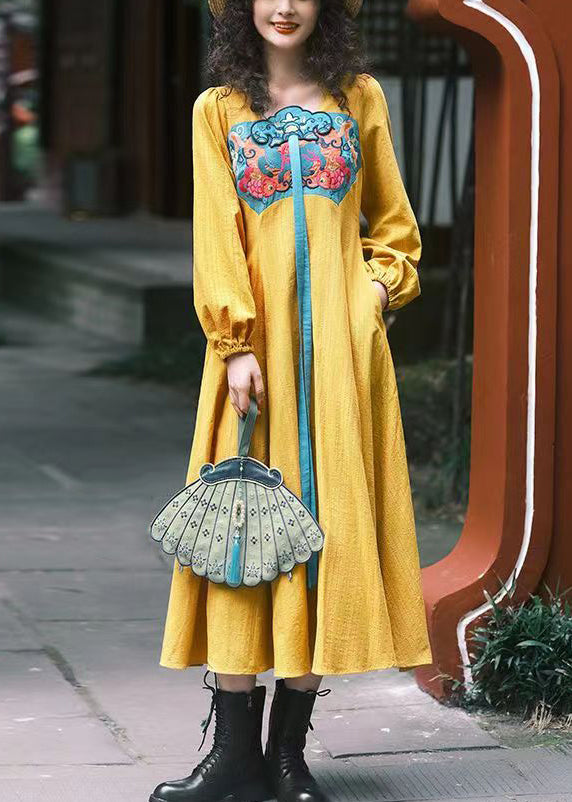 Chinese Style Yellow Square Collar Embroideried Cotton Dresses Spring