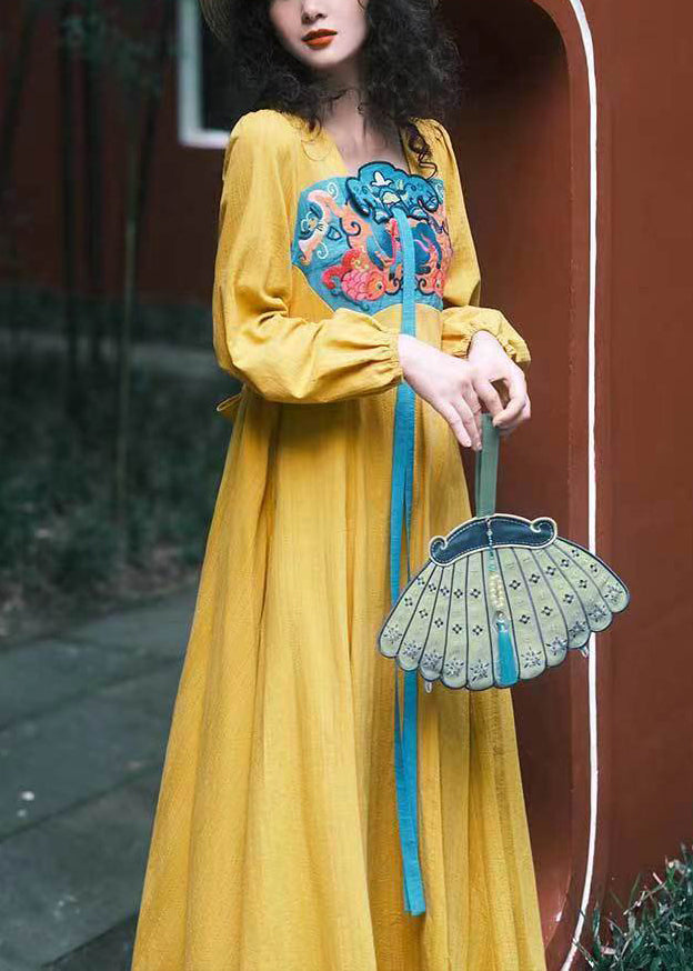 Chinese Style Yellow Square Collar Embroideried Cotton Dresses Spring