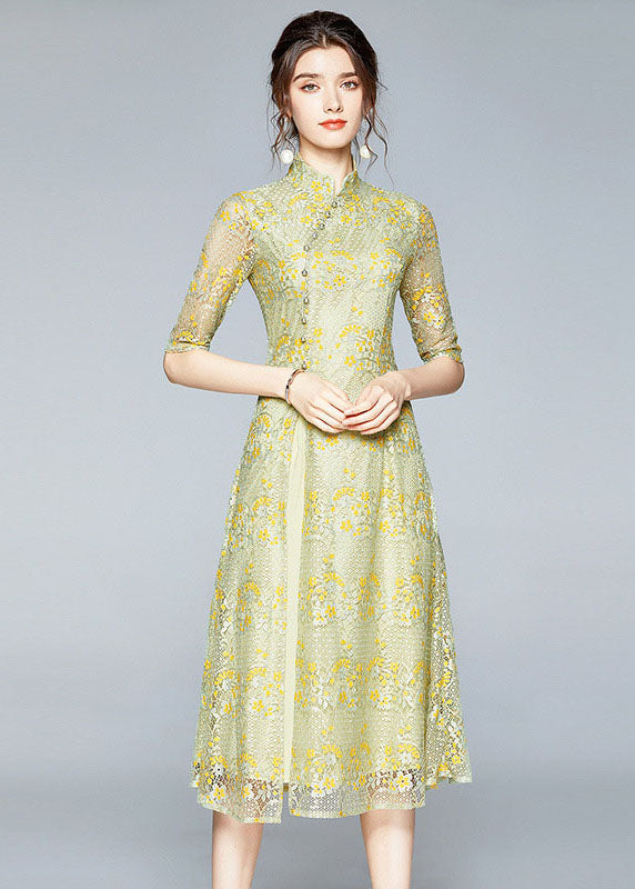 Chinese Style Yellow Stand Collar Button Patchwork Front Open Lace Dress Summer