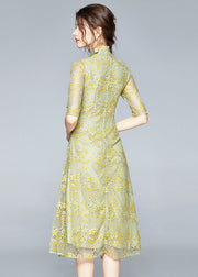 Chinese Style Yellow Stand Collar Button Patchwork Front Open Lace Dress Summer