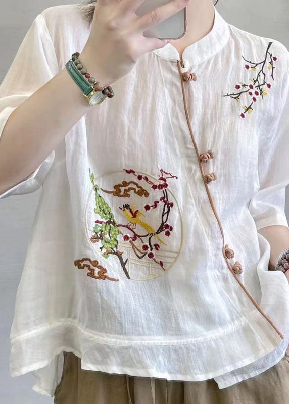 Chinese Style Yellow Stand Collar Button Patchwork Linen Top Summer