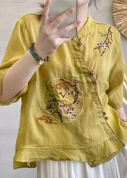 Chinese Style Yellow Stand Collar Button Patchwork Linen Top Summer