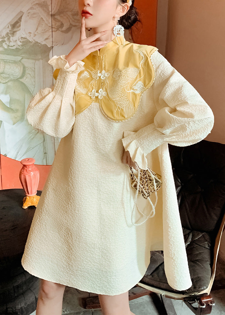 Chinese Style Yellow Stand Collar Embroidered Button Mid Dress Long Sleeve