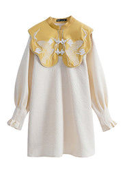 Chinese Style Yellow Stand Collar Embroidered Button Mid Dress Long Sleeve